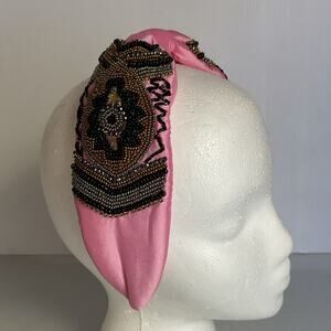Mexican Beaded Padded Headband Pink Turban Style Boho Embroidered NEW